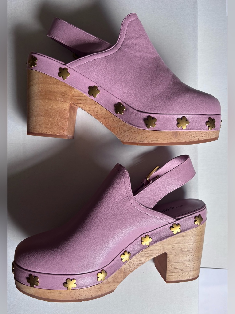 Charlotte Stone Hari Slingback High Heel Clog Size 9 Peony Leather Gold Flower - Picture 4 of 6